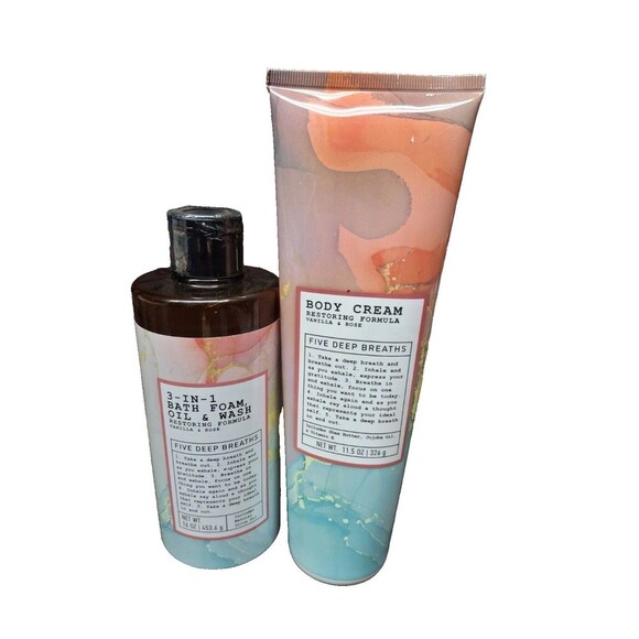 Five Deep Breaths Vanilla & Rose Bath Set - Bath Foam, Oil, Wash, Body Cream NEW - Picture 2 of 5